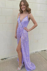 Lavendder Deep V Neck Spaghetti Straps Sequined Prom Evening Gowns, Sparkly Long Prom Dress DMP198